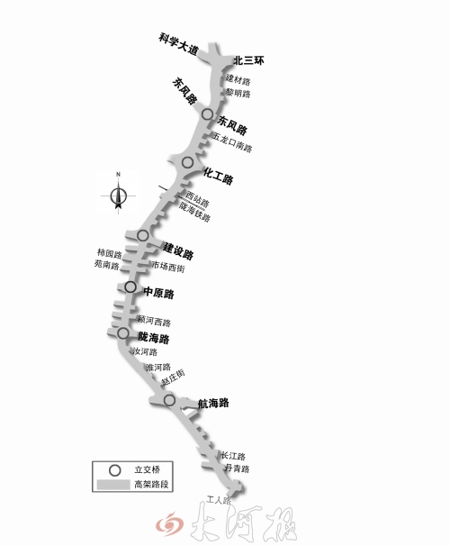 截至目前，僅剩西三環(huán)跨長江路、丹青路高架橋金水河處一座箱梁尚未澆筑。