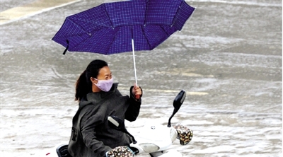 昨日下午，隴海路上，雨中風大，一位女士的傘被吹翻了。